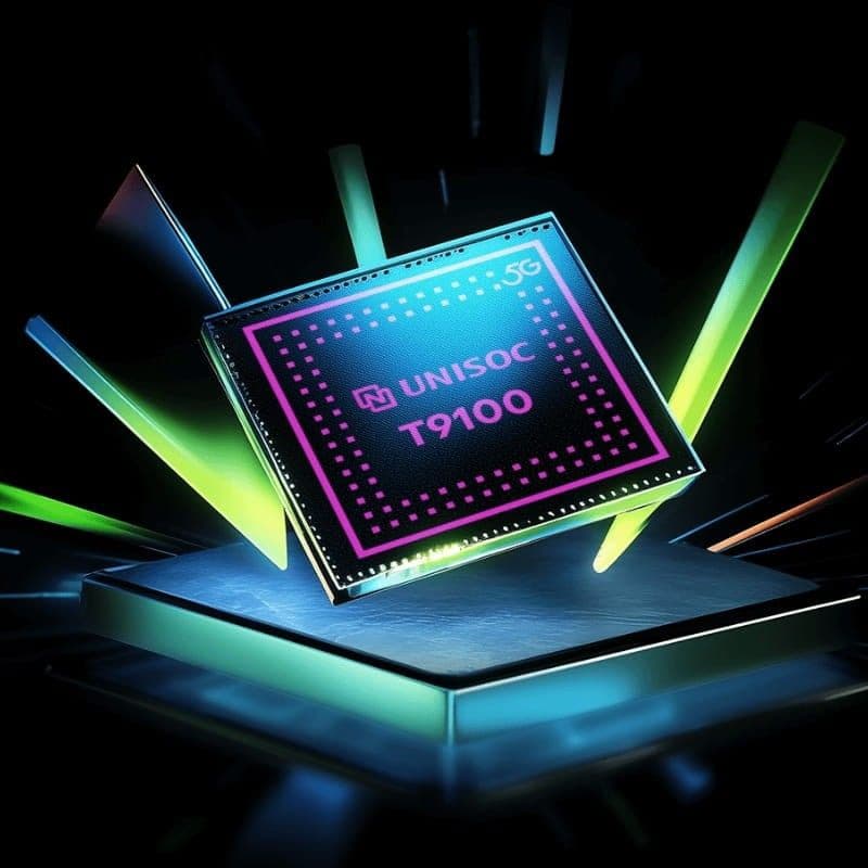 Chip UNISOC T9100 5G com iluminação neon, destaque para bordas metálicas e design futurista, parte do Nubia Neo 3 GT 5G 12 GB/256 GB Gaming Master Suit
