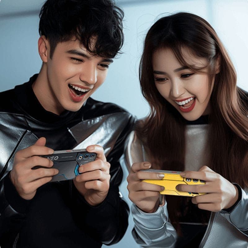 Nubia Neo 3 GT 5G cinza interestelar com LEDs azuis, traseira gamer angular, módulo de câmera duplo e detalhes metálicos futuristas