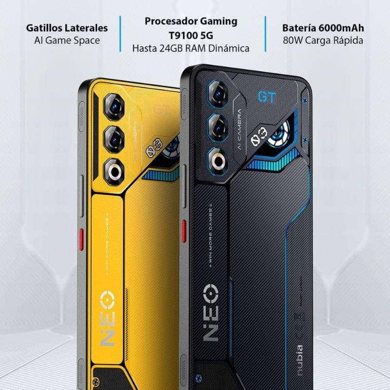 Nubia Neo 3 GT 5G Interstellar Gray com traseira gamer, câmeras triplas, detalhes azuis GT, textura metálica, gatilhos laterais e acabamento futurista