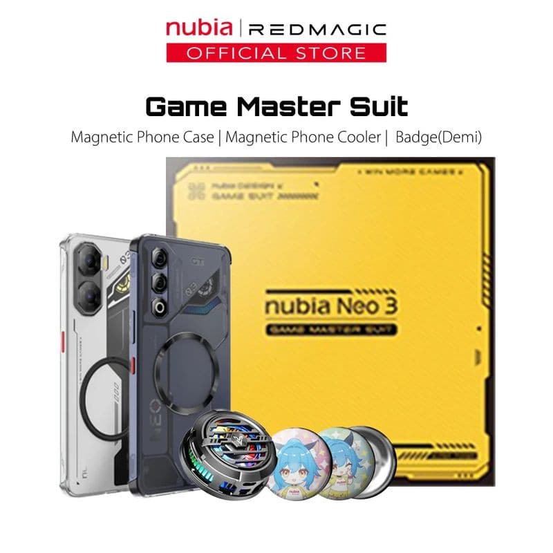 Nubia Neo 3 GT 5G Interstellar Gray com capa magnética transparente, cooler magnético e badges decorativos; design gamer com câmera tripla e LEDs