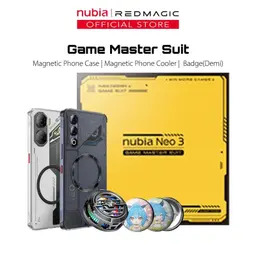 Nubia Neo 3 GT 5G Interstellar Gray com capa magnética transparente, cooler magnético e badges decorativos; design gamer com câmera tripla e LEDs