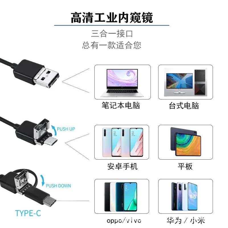 Endoscópio digital 8 mm 5 MP com foco automático, cabo flexível 3,5 m e conectores USB-A, MicroUSB e Tipo C; compatível com PC, Android e tablets