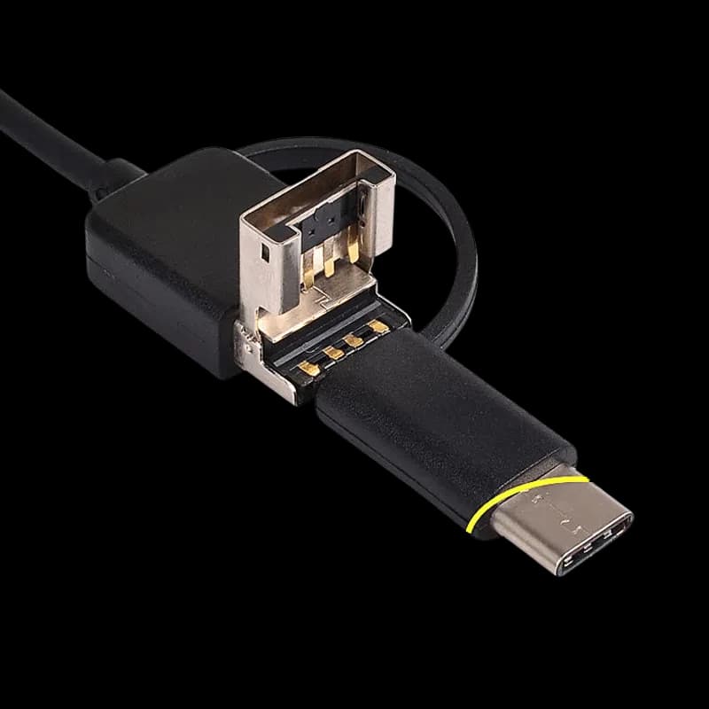 Conector 3 em 1 USB-A MicroUSB Tipo C destacável em cabo flexível preto, contatos metálicos expostos e acabamento robusto para endoscópio digital 8 mm 5 MP