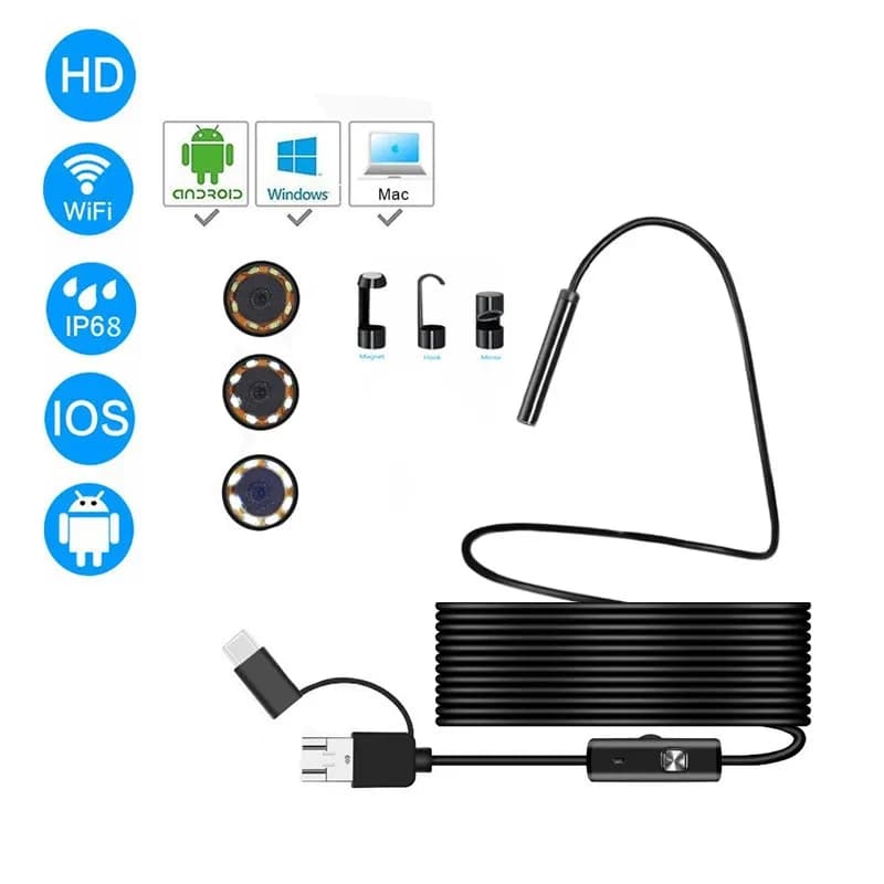 Endoscópio digital 8 mm com câmera 5 MP, foco automático, iluminação LED, cabo flexível 3,5 m, conectores USB-A MicroUSB Tipo C, compatível Android iOS