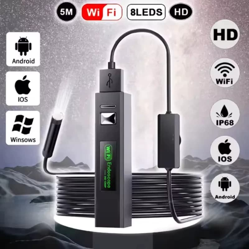 Endoscópio WiFi 8 mm 5 MP com foco automático, cabo flexível 3,5 m, 8 LEDs, IP68, compatível com Android e iOS, alta definição para inspeções detalhadas