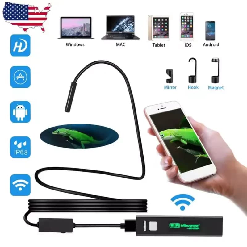 Cabo flexível 3,5 m com câmera endoscópica WiFi 8 mm, foco automático 5 MP, compatível Android e iPhone, lente com acessórios mirror hook magnet, IP68