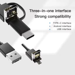 Conector três em um com USB, Type‑C e micro‑USB para endoscópio WiFi 8 mm 5 MP; cabo flexível 3,5 m, foco automático e ampla compatibilidade
