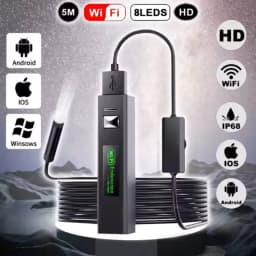 Endoscópio WiFi 8 mm 5 MP com foco automático, cabo rígido 5 m, 8 LEDs, IP68, compatível com Android e iOS, imagem HD e iluminação ajustável
