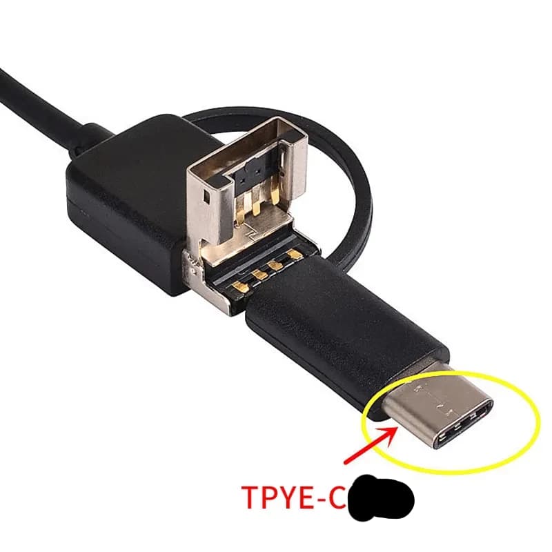 Conector USB-C do endoscópio digital 8 mm, com adaptador USB-A e MicroUSB integrado. Acabamento metálico exposto e cabo flexível de 3,5 m