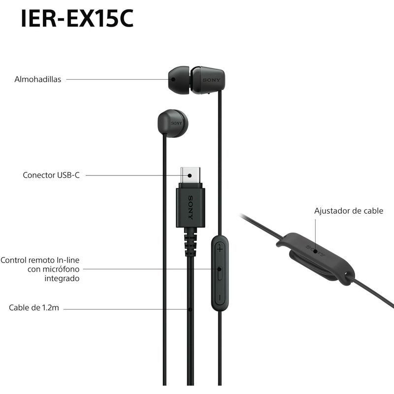 Auriculares Sony IER-EX15C blancos con conector USB-C, cable plano, almohadillas intrauditivas y control en línea con botones +/-. Diseño minimalista. - Ítem1