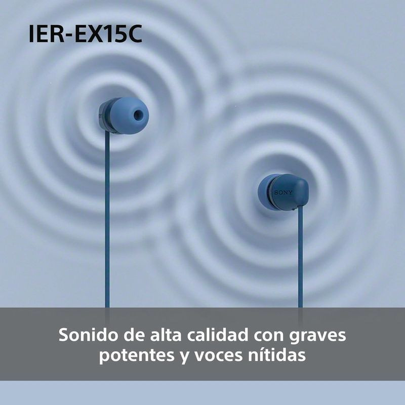 Auriculares intrauditivos azules con conector USB-C, cable plano, controles en línea (+/−) y micrófono; diseño compacto con almohadillas de silicona. - Ítem3