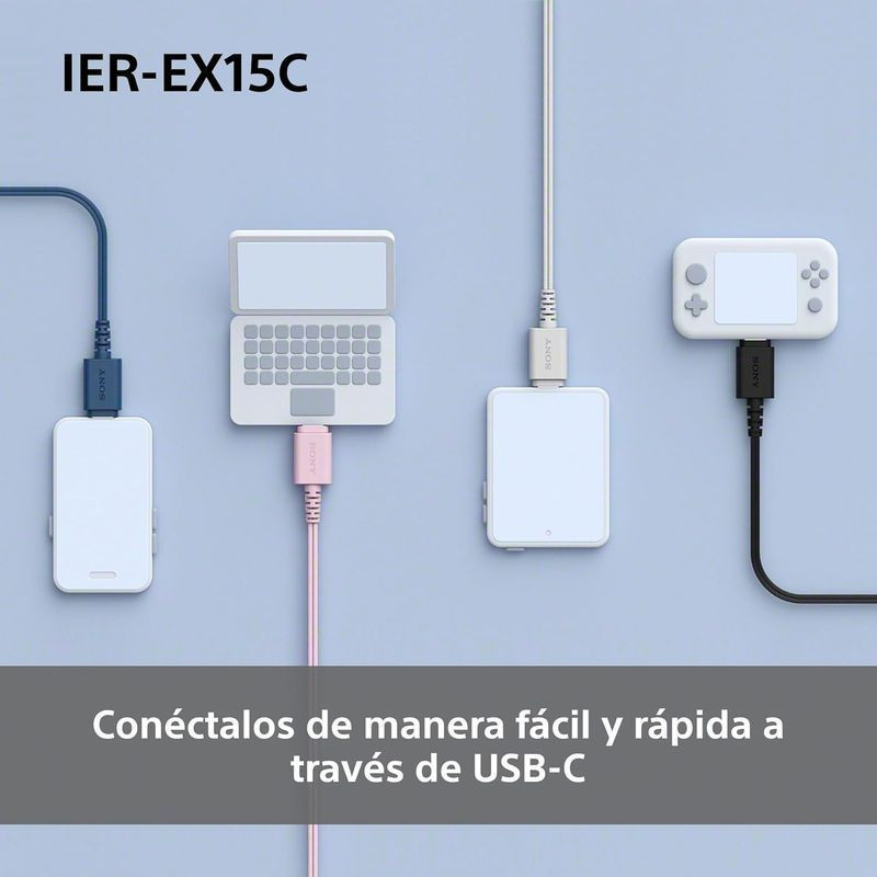 Auriculares intrauditivos azules con conector USB-C, cable plano, controles en línea (+/−) y micrófono; diseño compacto con almohadillas de silicona. - Ítem5