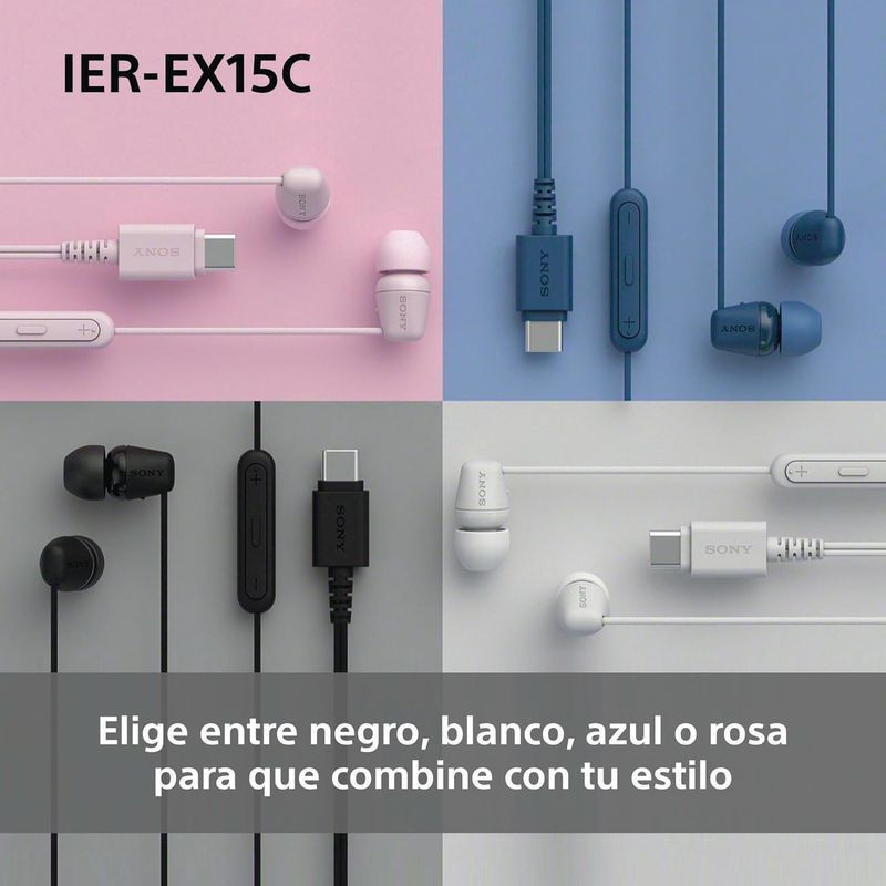 Auriculares Sony IER-EX15C rosa con conector USB-C, cable plano, botones de volumen y micrófono en línea; diseño intrauditivo con almohadillas suaves. - Ítem6