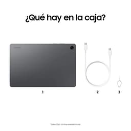Tablet Samsung Galaxy Tab A11+ gris con cámara trasera única; incluye cable USB-C blanco y herramienta para SIM. Diseño minimalista y acabado mate.