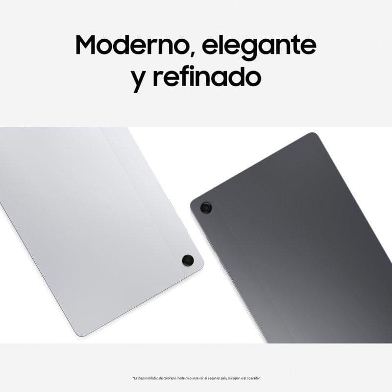 Tablette argentée au design fin et moderne, dos lisse en métal, module photo discret dans un coin. Bords épurés, look élégant pour Galaxy Tab A11+.