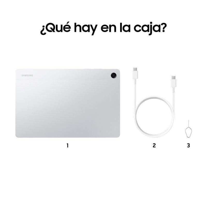 Samsung Galaxy Tab A11+ prata 11", traseira metálica cinza clara, câmera única; inclui cabo USB‑C e ferramenta de ejeção SIM. Wi‑Fi, 6GB/128GB.