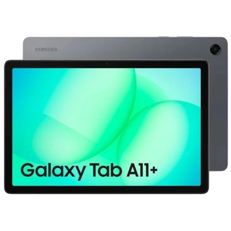 Tablet cinzento com ecrã amplo sem molduras grossas, câmara traseira única no canto, frontal com logo “Galaxy Tab A11+”. Design fino e moderno. - Item