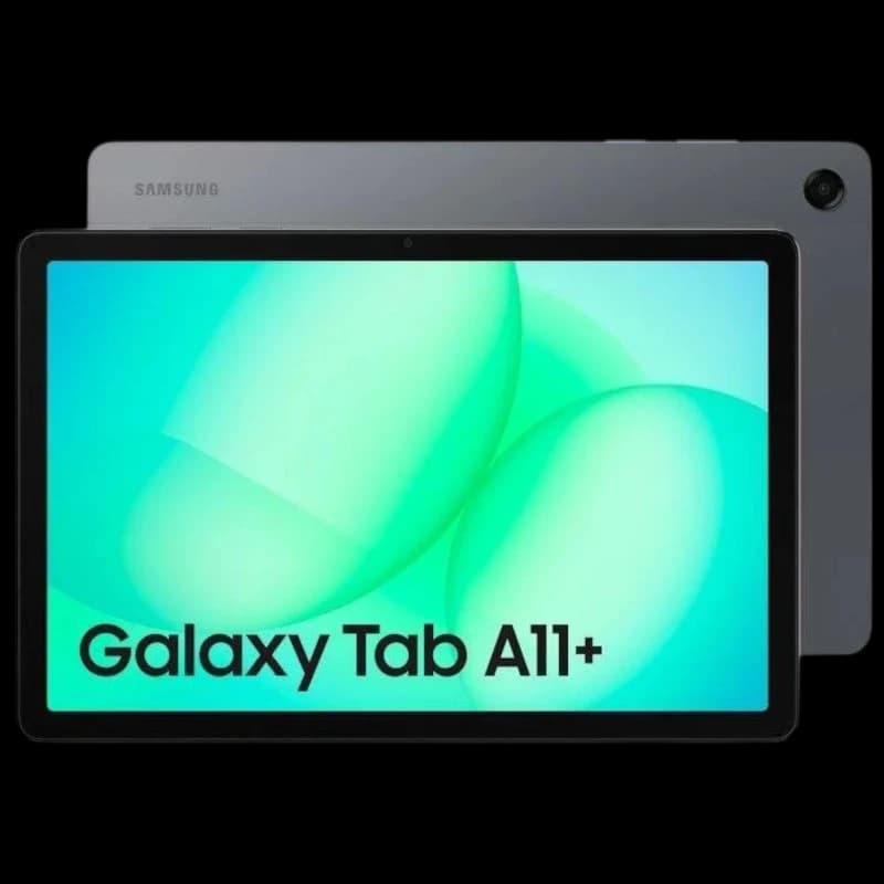 Tablette Samsung Galaxy Tab A11+ 5G gris, écran large bord fin, caméra arrière unique, façade noire avec logo “Galaxy Tab A11+”, 6 Go/128 Go visibles.