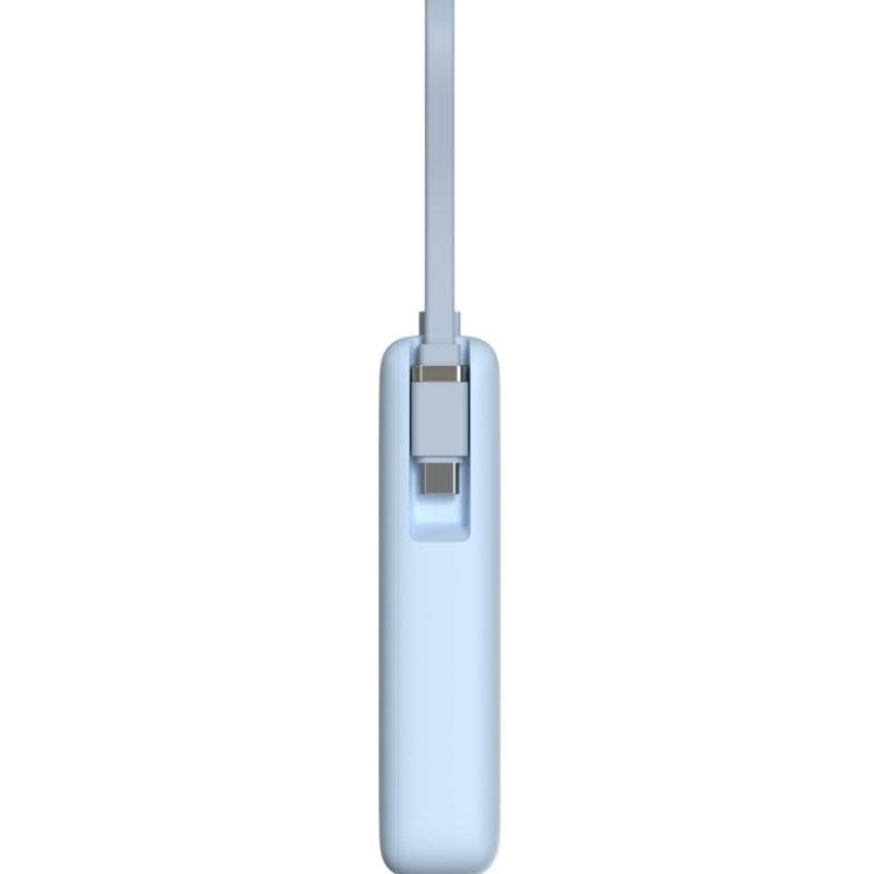 Xiaomi Power Bank 10000mAh 67W Azul Hielo con cable integrado; vista lateral del cuerpo delgado y conector encajado, acabado mate y bordes redondeados