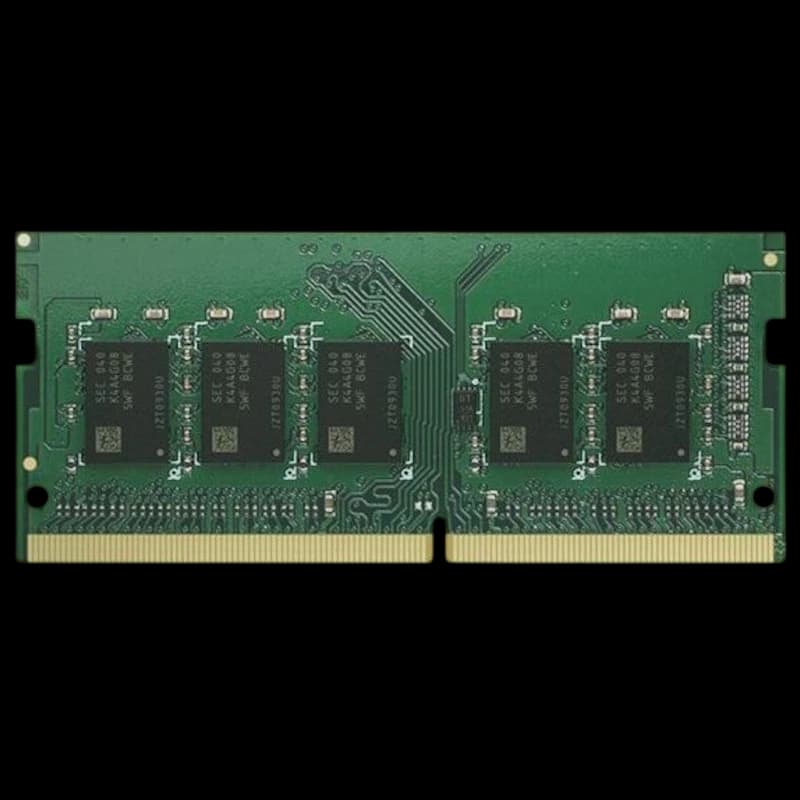 Módulo de memória RAM verde Synology D4ES03-16G, 16 GB DDR4 DIMM, PCB detalhado com chips pretos alinhados e contatos dourados na base.