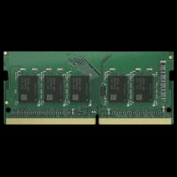 Módulo de memória RAM verde Synology D4ES03-16G, 16 GB DDR4 DIMM, PCB detalhado com chips pretos alinhados e contatos dourados na base.