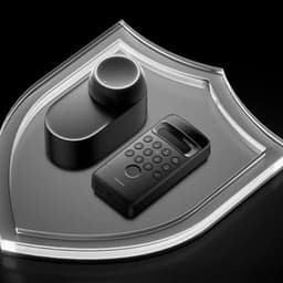 Fecho inteligente SwitchBot Ultra 3 em 1 com acabamento preto fosco, botão rotativo, teclado numérico Vision e Hub Mini Matter em base em forma de escudo