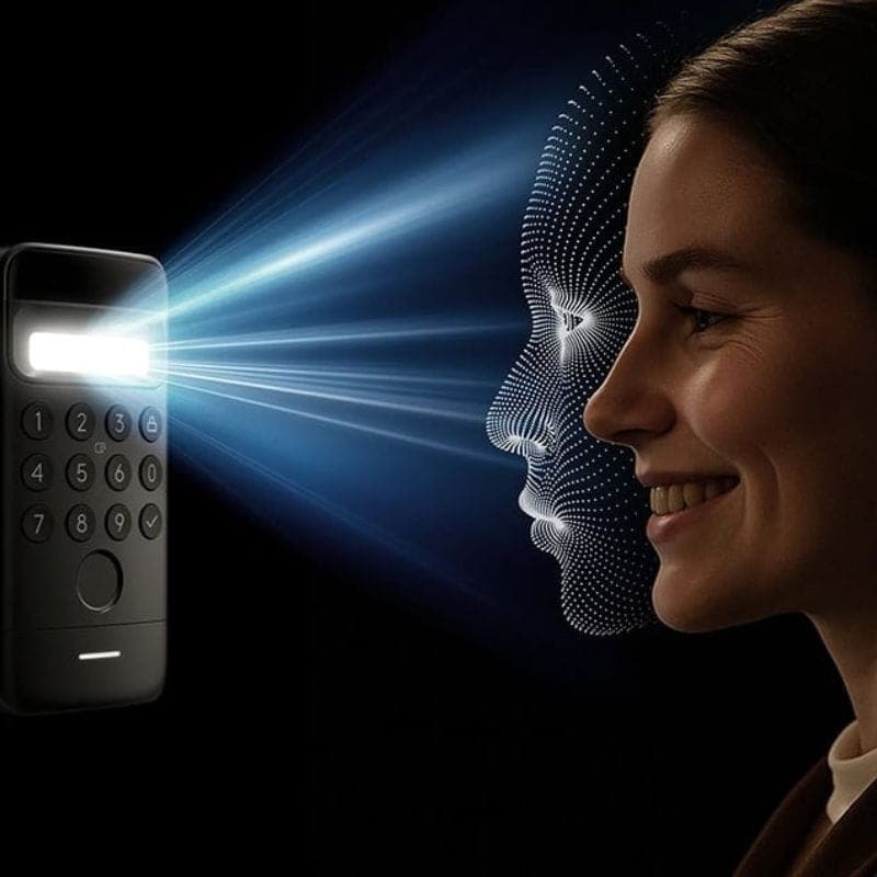 Fecho inteligente SwitchBot Ultra 3 em 1 com teclado Vision iluminado, leitor facial e botões numéricos; luz LED frontal destaca o painel de controlo