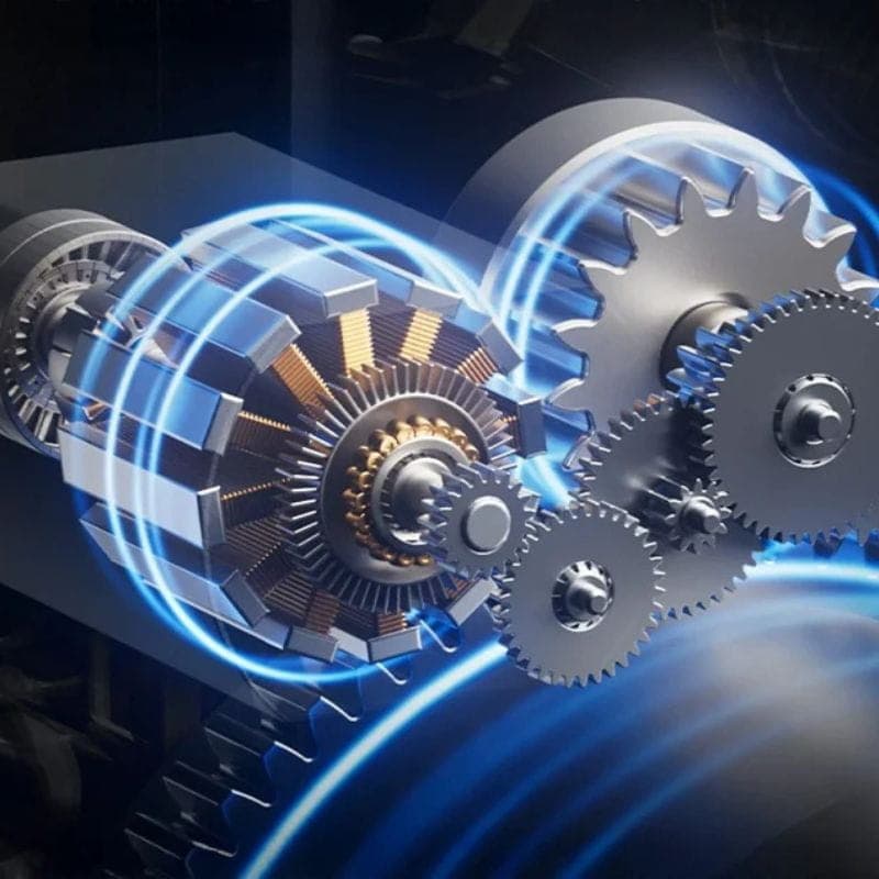 Engrenagens metálicas interligadas com efeito de luz azul, mostrando mecanismo interno robusto e preciso do Fecho inteligente SwitchBot Ultra 3 em 1