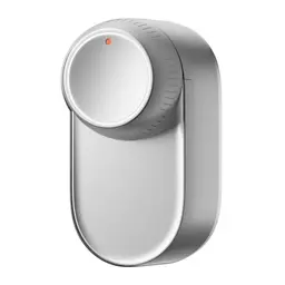 Fechadura inteligente SwitchBot Lock Ultra Prateado em alumínio, corpo compacto prateado com botão circular texturizado e LED laranja discreto no topo