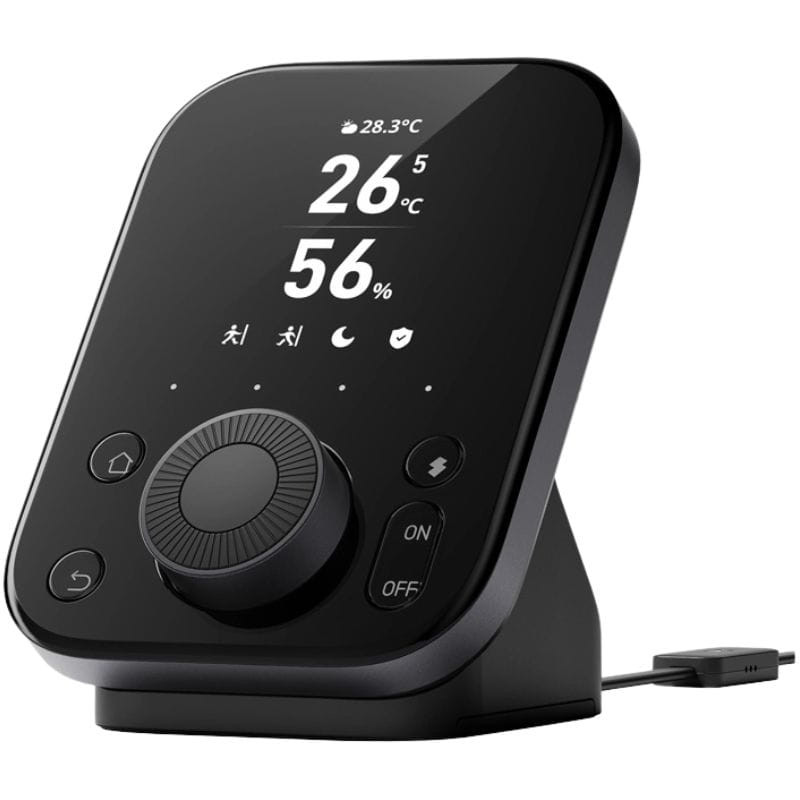 Central inteligente SwitchBot Hub 3 com tela preta brilhante, mostrador digital de temperatura e umidade, botão giratório central, botões ON/OFF e base com - Item