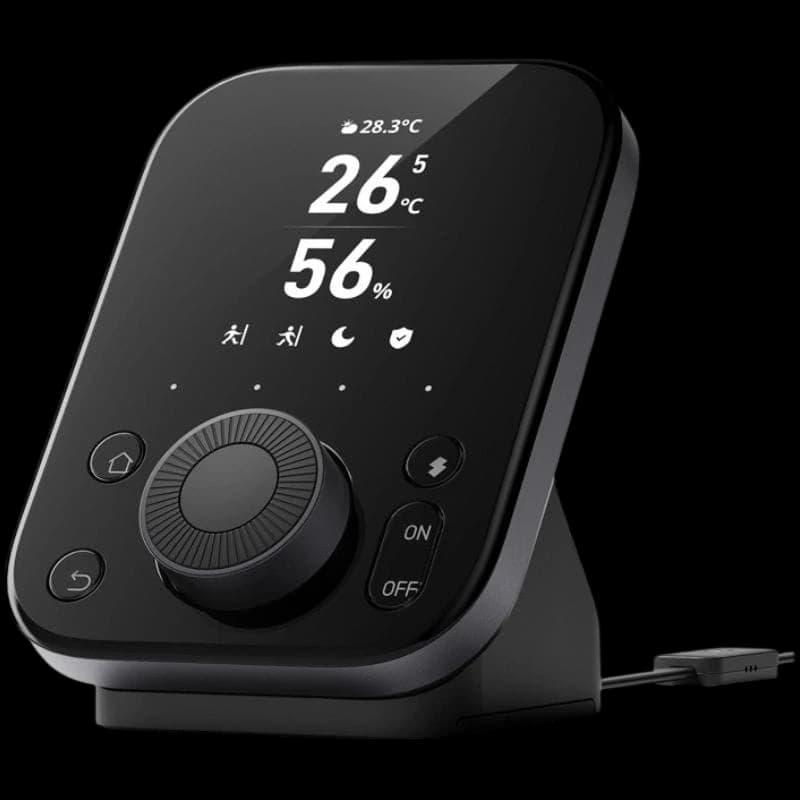 Centrale intelligente SwitchBot Hub 3 noire avec écran LED, molette centrale, boutons ON OFF, indicateurs température 26 °C et humidité 56 %, port USB-C
