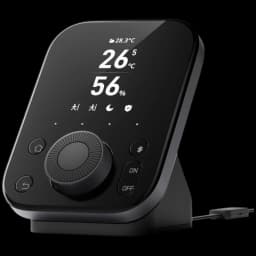Centrale intelligente SwitchBot Hub 3 noire avec écran LED, molette centrale, boutons ON OFF, indicateurs température 26 °C et humidité 56 %, port USB-C