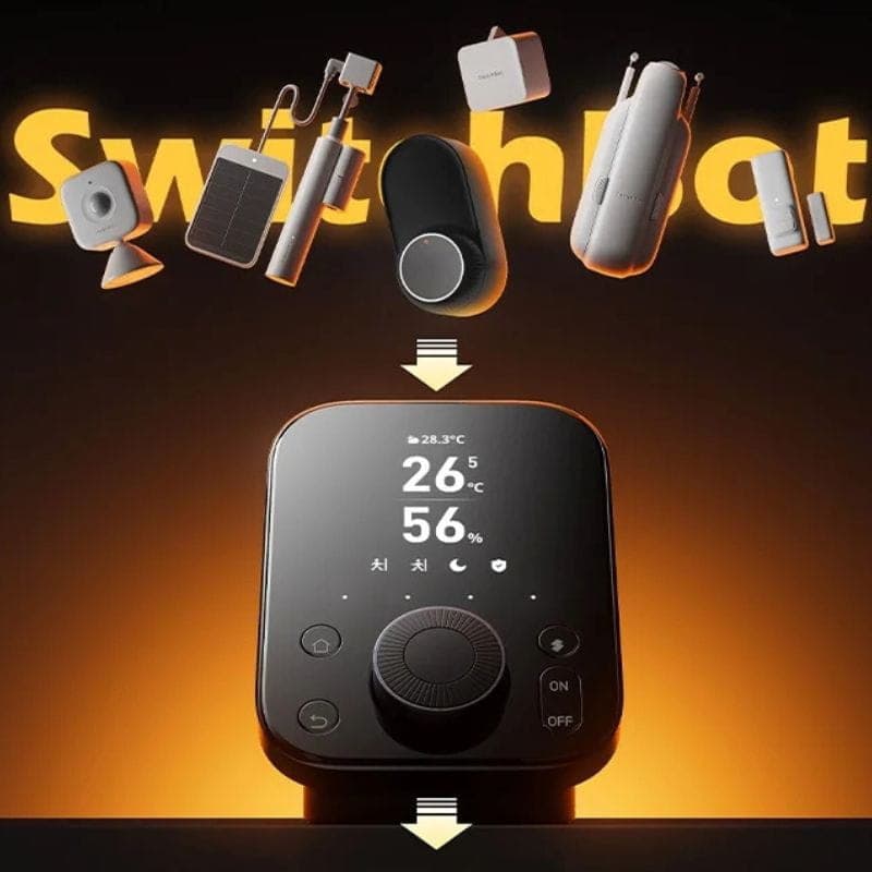 Centrale intelligente SwitchBot Hub 3 noire avec écran lumineux affichant température et humidité, grand bouton rotatif, icônes de contrôle et accessoires