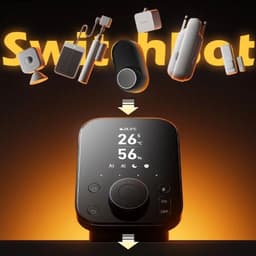 Centrale intelligente SwitchBot Hub 3 noire avec écran lumineux affichant température et humidité, grand bouton rotatif, icônes de contrôle et accessoires