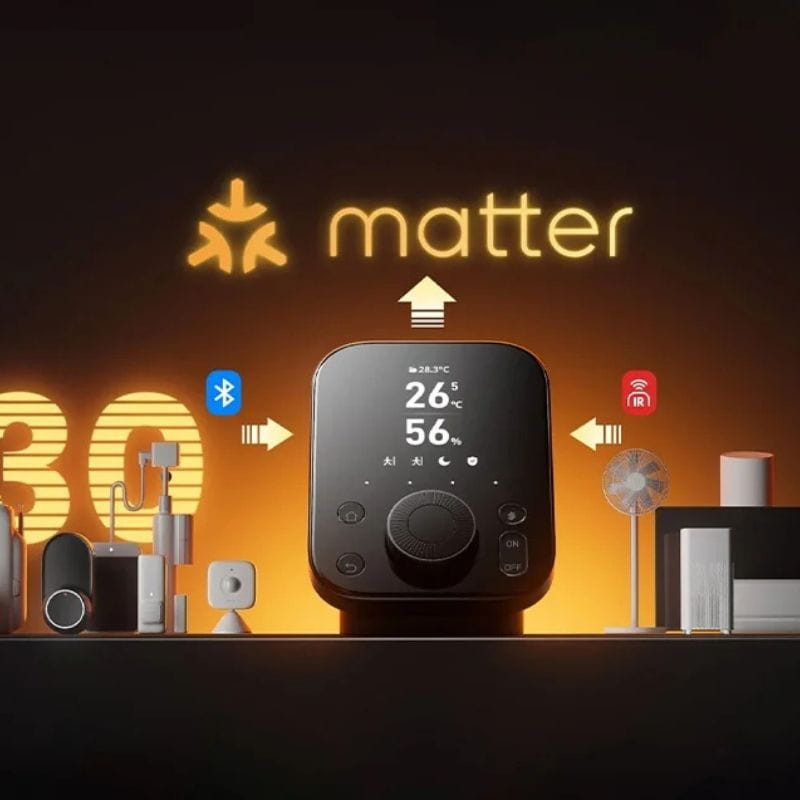 Central inteligente SwitchBot Hub 3 com tela preta brilhante, mostrador digital de temperatura e umidade, botão giratório central, botões ON/OFF e base com - Item3