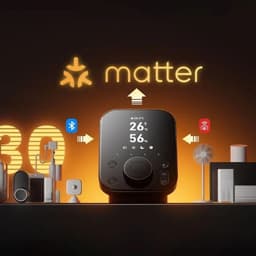 Centrale intelligente SwitchBot Hub 3 noire avec écran LED affichant température et humidité, molette de contrôle, logos Matter, Bluetooth et IR,