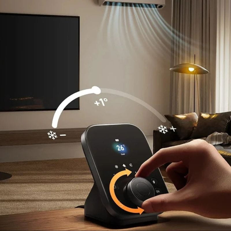 Central inteligente SwitchBot Hub 3 com tela preta brilhante, mostrador digital de temperatura e umidade, botão giratório central, botões ON/OFF e base com - Item1