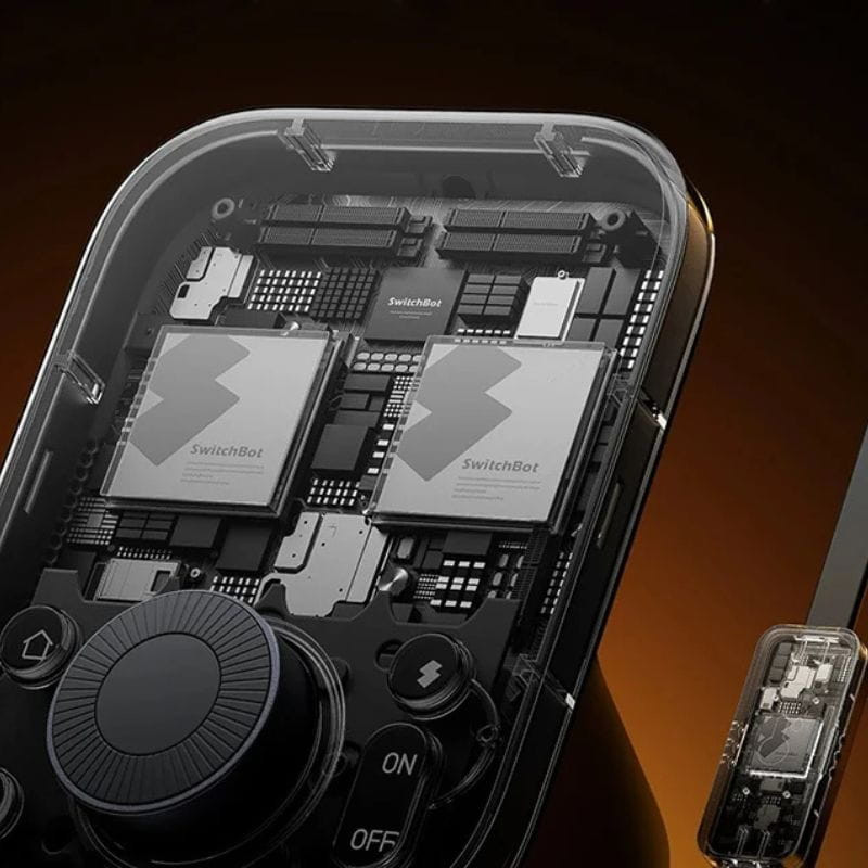 Central inteligente SwitchBot Hub 3 com tela preta brilhante, mostrador digital de temperatura e umidade, botão giratório central, botões ON/OFF e base com - Item5