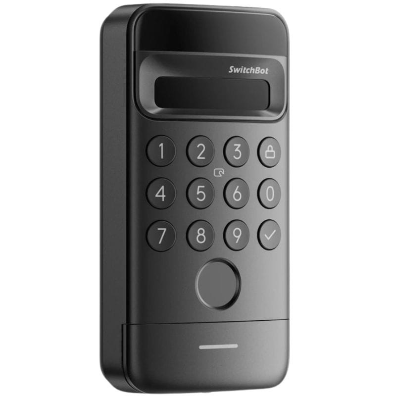 Teclado numérico preto com reconhecimento facial, leitor biométrico circular, tela superior e botões iluminados para acesso seguro SwitchBot Vision Lock - Item