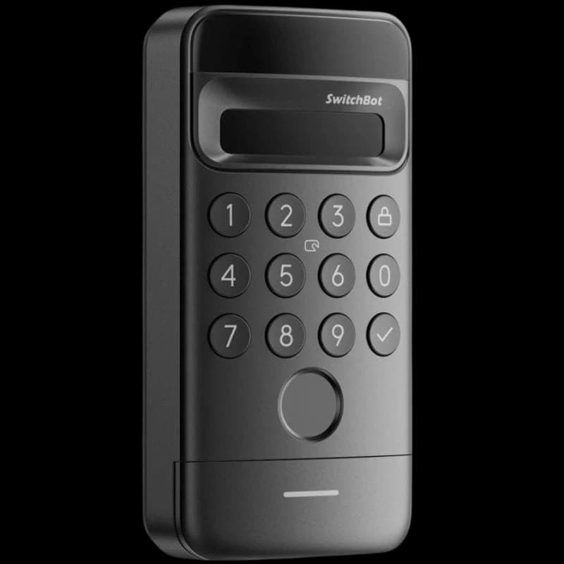 Teclado numérico preto com reconhecimento facial, leitor biométrico circular, tela superior e botões iluminados para acesso seguro SwitchBot Vision Lock