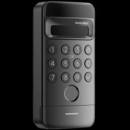 Teclado numérico preto com reconhecimento facial, leitor biométrico circular, tela superior e botões iluminados para acesso seguro SwitchBot Vision Lock