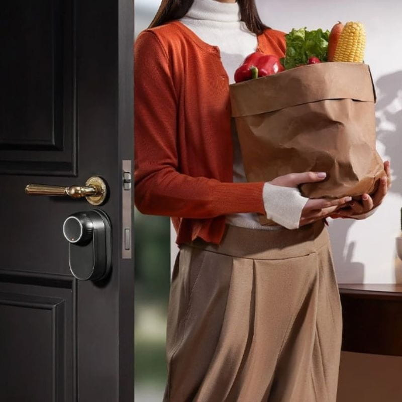 Fecho inteligente SwitchBot Lock Ultra Preto com corpo preto fosco, botão giratório metálico com LED laranja e adaptadores em três acabamentos de madeira - Item3