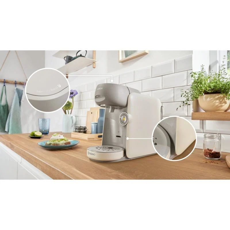 Bosch Tassimo Finesse TAS16B7, cafetera de cápsulas negra y beige con panel frontal estriado, boquilla central, botón circular iluminado y bandeja antigoteo - Ítem2