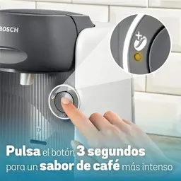 Bosch Tassimo Finesse TAS16B4 blanca con botón Calc y función de intensidad; panel frontal con botón iluminado y detalle de pulsación 3 segundos