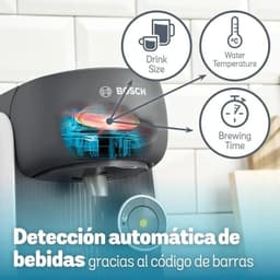 Bosch Tassimo Finesse TAS16B4 blanca con panel frontal gris, botón central iluminado y boquilla frontal; destaca detección automática por código de barras
