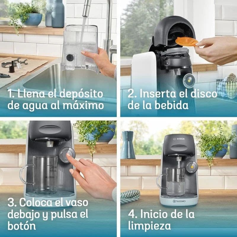 Bosch Tassimo Finesse TAS16B4 blanca, cafetera de cápsulas con depósito transparente, botón frontal, soporte para vaso y función de limpieza automática