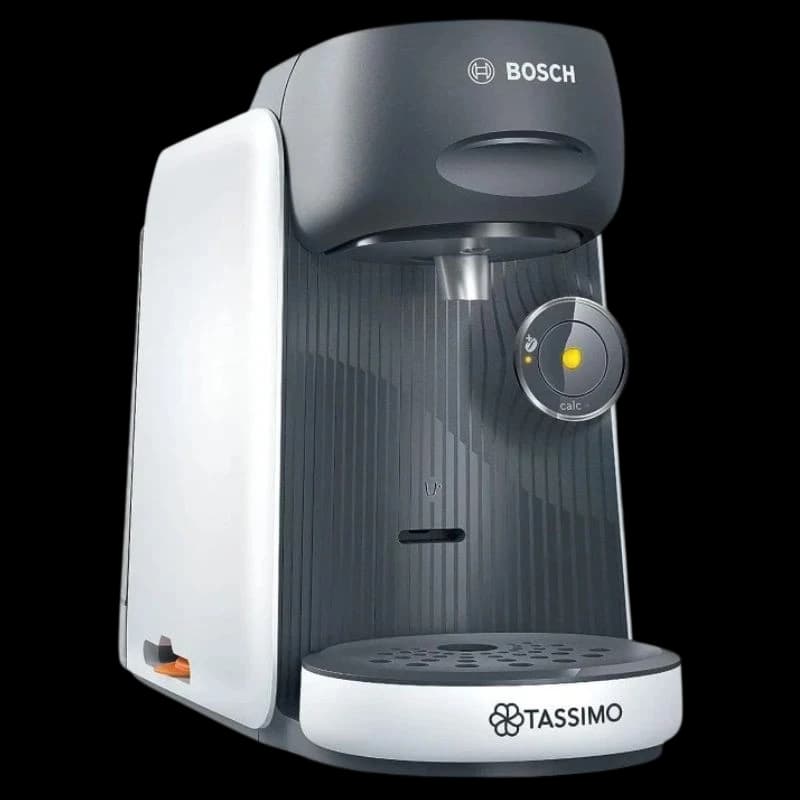 Bosch Tassimo Finesse TAS16B4 blanca, cafetera de cápsulas compacta con panel frontal gris, botón luminoso y bandeja antigoteo desmontable