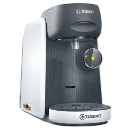 Bosch Tassimo Finesse TAS16B4 blanca, cafetera de cápsulas compacta con panel frontal gris, botón luminoso y bandeja antigoteo desmontable