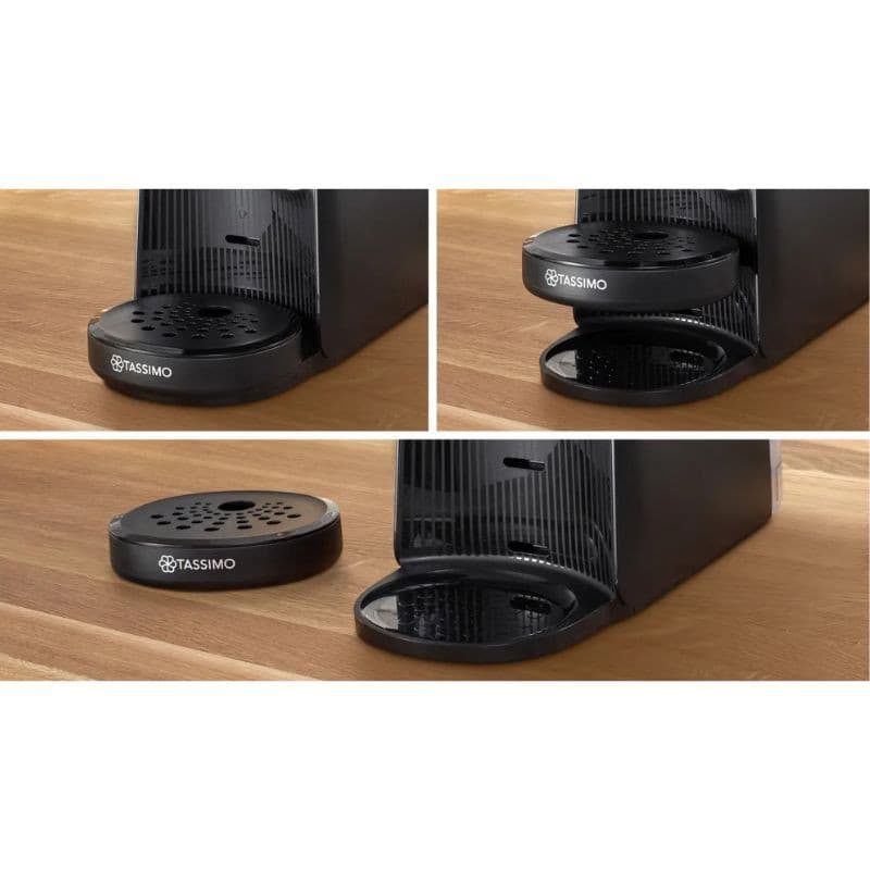 Bosch Tassimo Finesse TAS16B2 cafetera de cápsulas negra, compacta, frontal estriado, botón circular amarillo, bandeja antigoteo y depósito de agua
