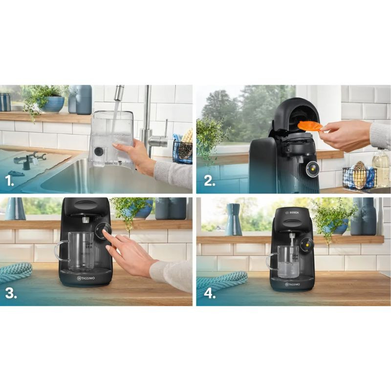 Bosch Tassimo Finesse TAS16B2, cafetera de cápsulas compacta en negro mate con panel estriado, boquilla central, bandeja antigoteo y botón circular iluminado - Ítem4